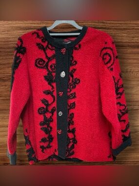 Lee Andersen Red & Black Floral Embroidered Women's Cardigan Jacket